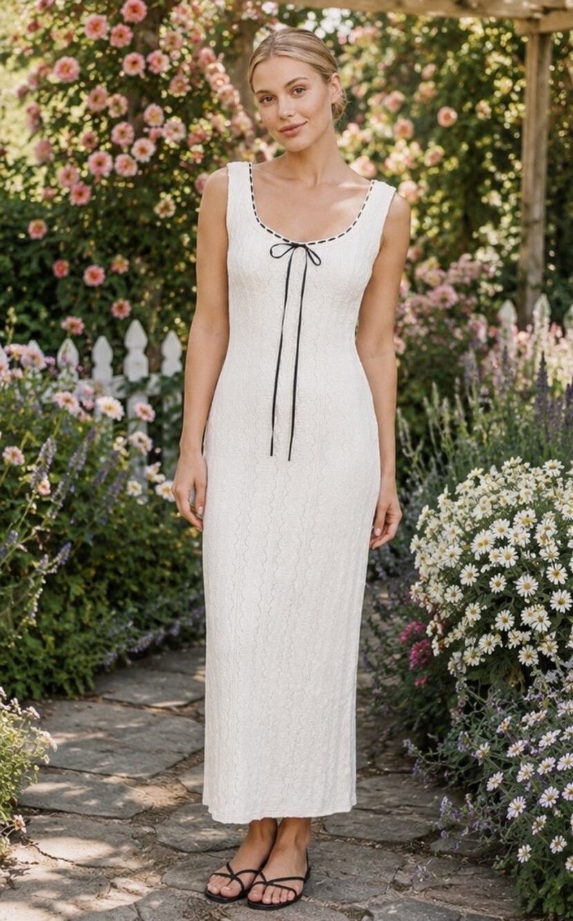 Bailey Rose White Textured Bow Maxi Dress Lined Coquette Cottagecore Medium